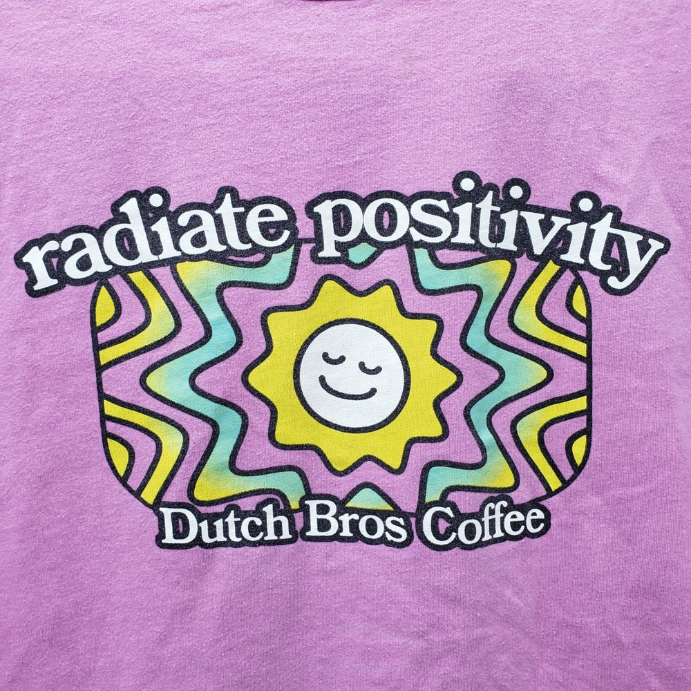 Dutch Bros Coffee Pocket Tee Shirt Radiate Positivity Rainbow Sun Pink VSCO L